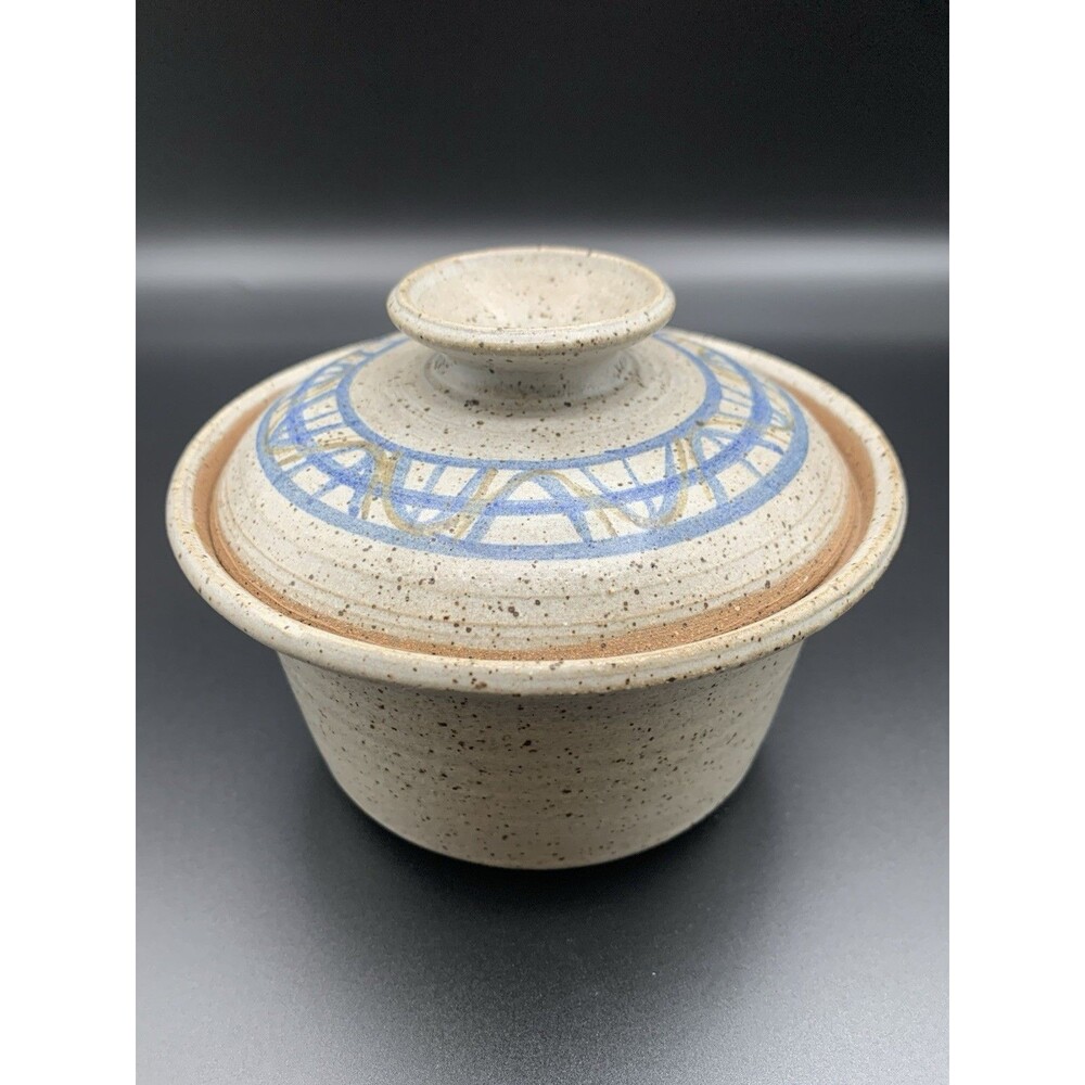 Handmade Studio Pottery Butter Dish w/Lid Signed Artisan Stoneware Blue Design